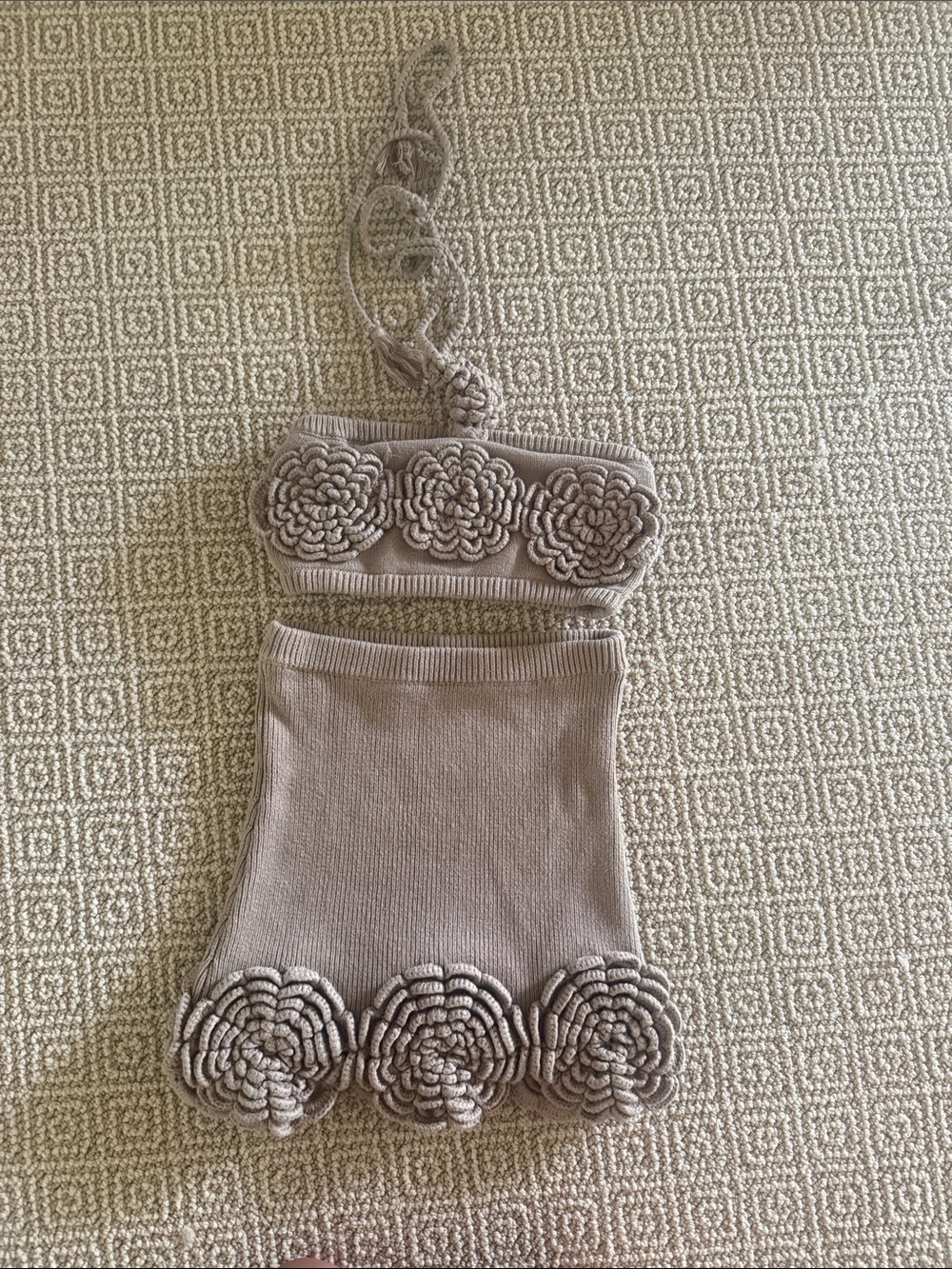 Lovers + Friends Taupe Crochet Floral Bandeau Two-Piece Set